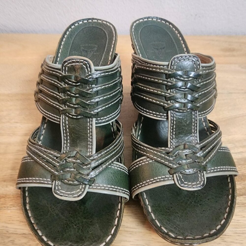 Frye Sandals Womens Size 7 Green Leather Woven Slide Mule High Heels 73370 - Picture 7 of 12